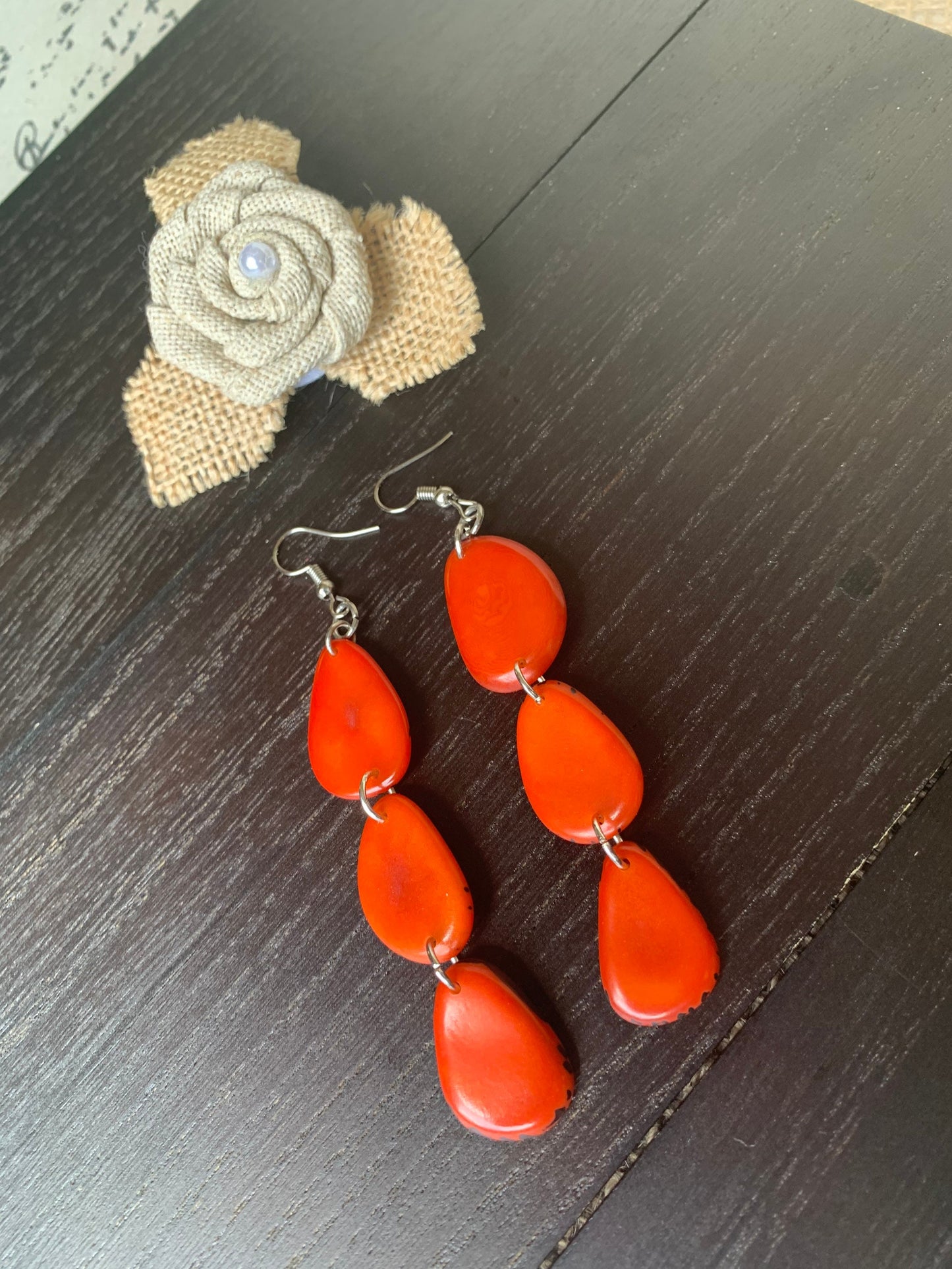 Orange statement dangle earrings Extra long tagua earrings beaded Summer fashion jewelry Casual trendy drops Boho mod style Artisan handmade