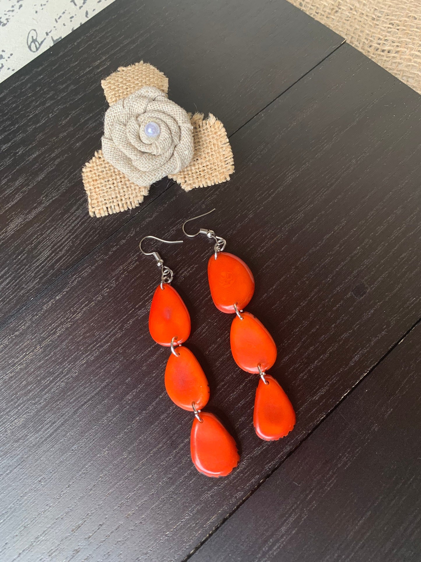 Orange statement dangle earrings Extra long tagua earrings beaded Summer fashion jewelry Casual trendy drops Boho mod style Artisan handmade
