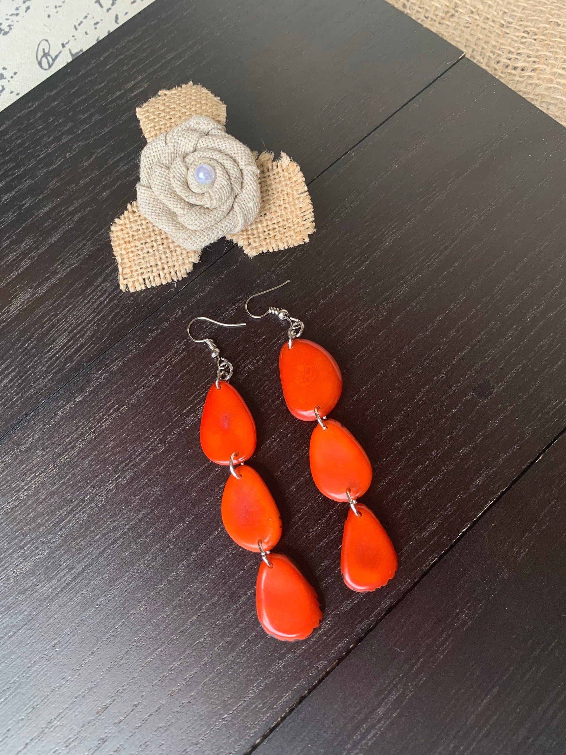 Orange statement dangle earrings Extra long tagua earrings beaded Summer fashion jewelry Casual trendy drops Boho mod style Artisan handmade