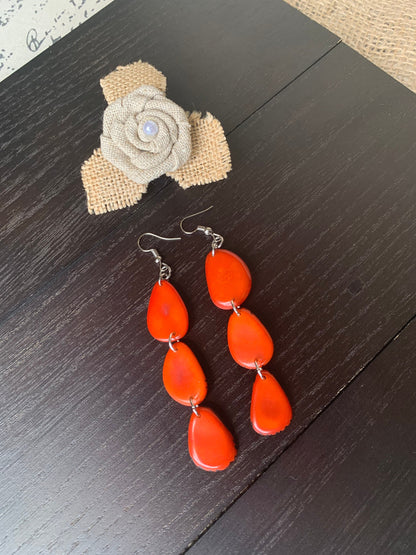Orange statement dangle earrings Extra long tagua earrings beaded Summer fashion jewelry Casual trendy drops Boho mod style Artisan handmade