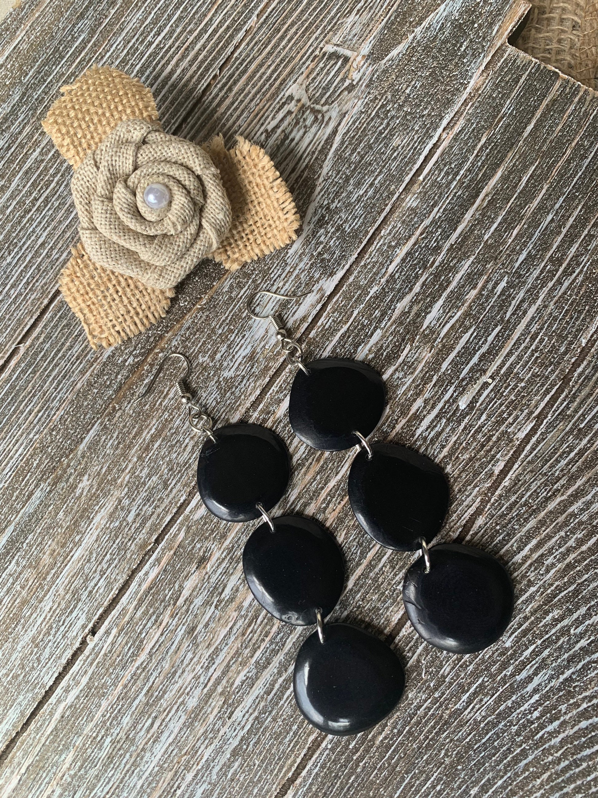 Black extra long statement earrings Tagua earrings beaded Fall fashion Casual trendy drops Boho mod style Artisan handmade Lightweight