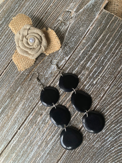 Black extra long statement earrings Tagua earrings beaded Fall fashion Casual trendy drops Boho mod style Artisan handmade Lightweight