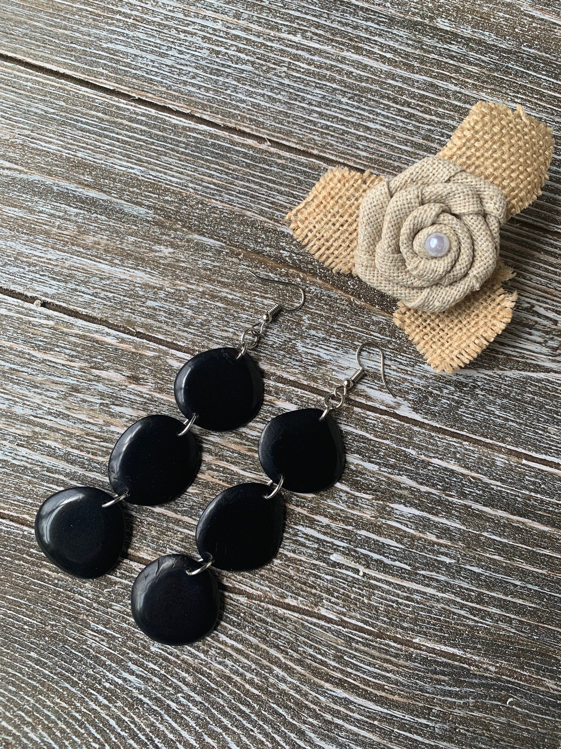 Black extra long statement earrings Tagua earrings beaded Fall fashion Casual trendy drops Boho mod style Artisan handmade Lightweight
