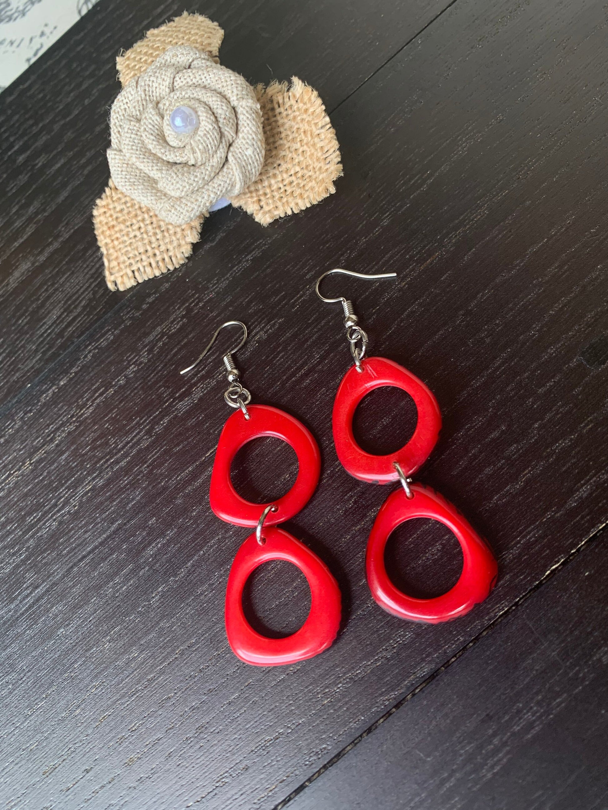 Red extra long dangle fashion earrings Tagua jewelry for wedding Statement drops Boho mod hoops Artisan handmade Mother's day gifts