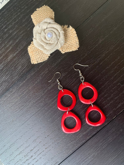 Red extra long dangle fashion earrings Tagua jewelry for wedding Statement drops Boho mod hoops Artisan handmade Mother's day gifts