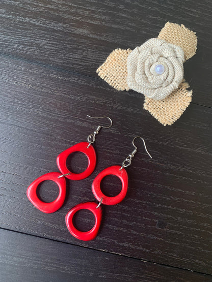 Red extra long dangle fashion earrings Tagua jewelry for wedding Statement drops Boho mod hoops Artisan handmade Mother's day gifts