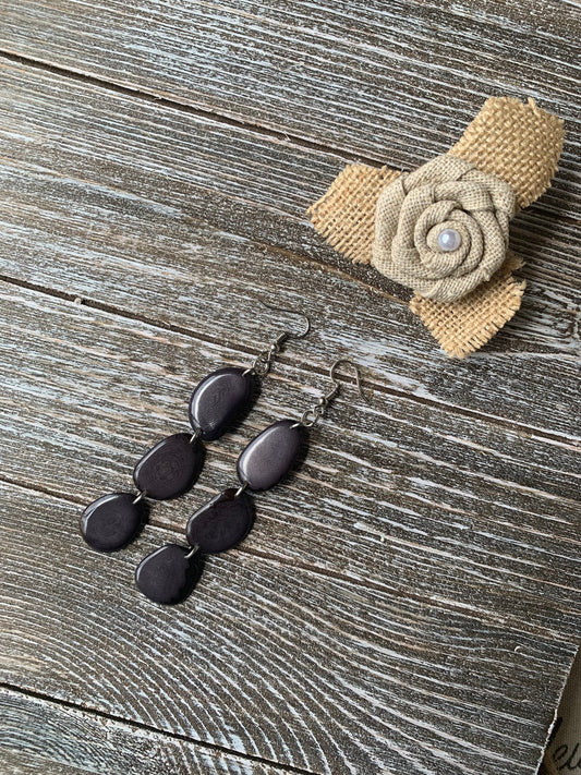 Dark gray statement earrings Extra long tagua earrings beaded Spring fashion jewelry Casual trendy drops Boho mod styleBeach trends