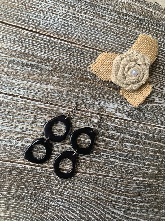 Black extra long dangle earrings Tagua fashion jewelry Statement drops For beach outfit Boho mod hoop Artisan handmade Fall fashion trends