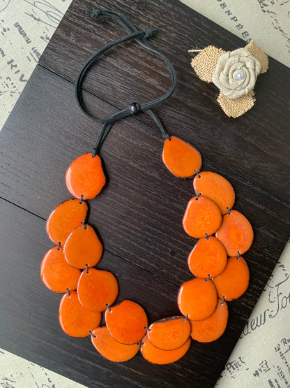 Orange statement necklace Tagua jewelry Double layer bib Big bold chunky necklace Leather collar 2 two strand necklace Wife anniversary gift