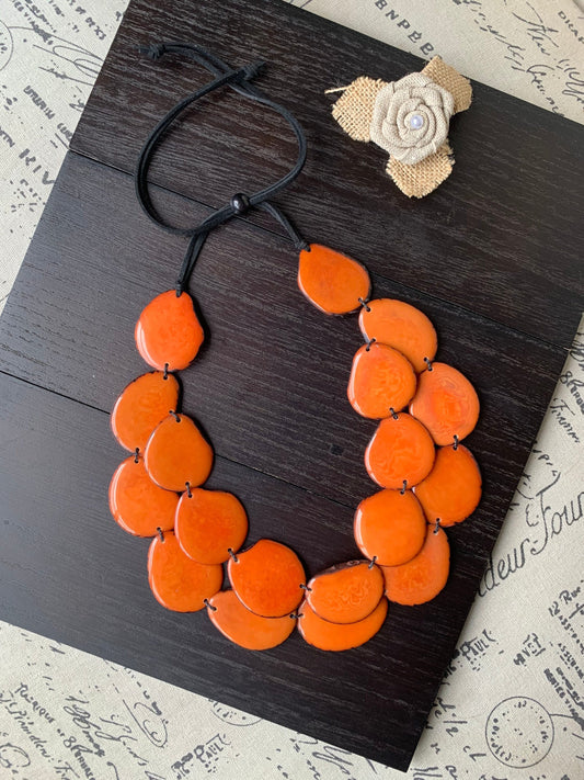 Orange statement necklace Tagua jewelry Double layer bib Big bold chunky necklace Leather collar 2 two strand necklace Wife anniversary gift