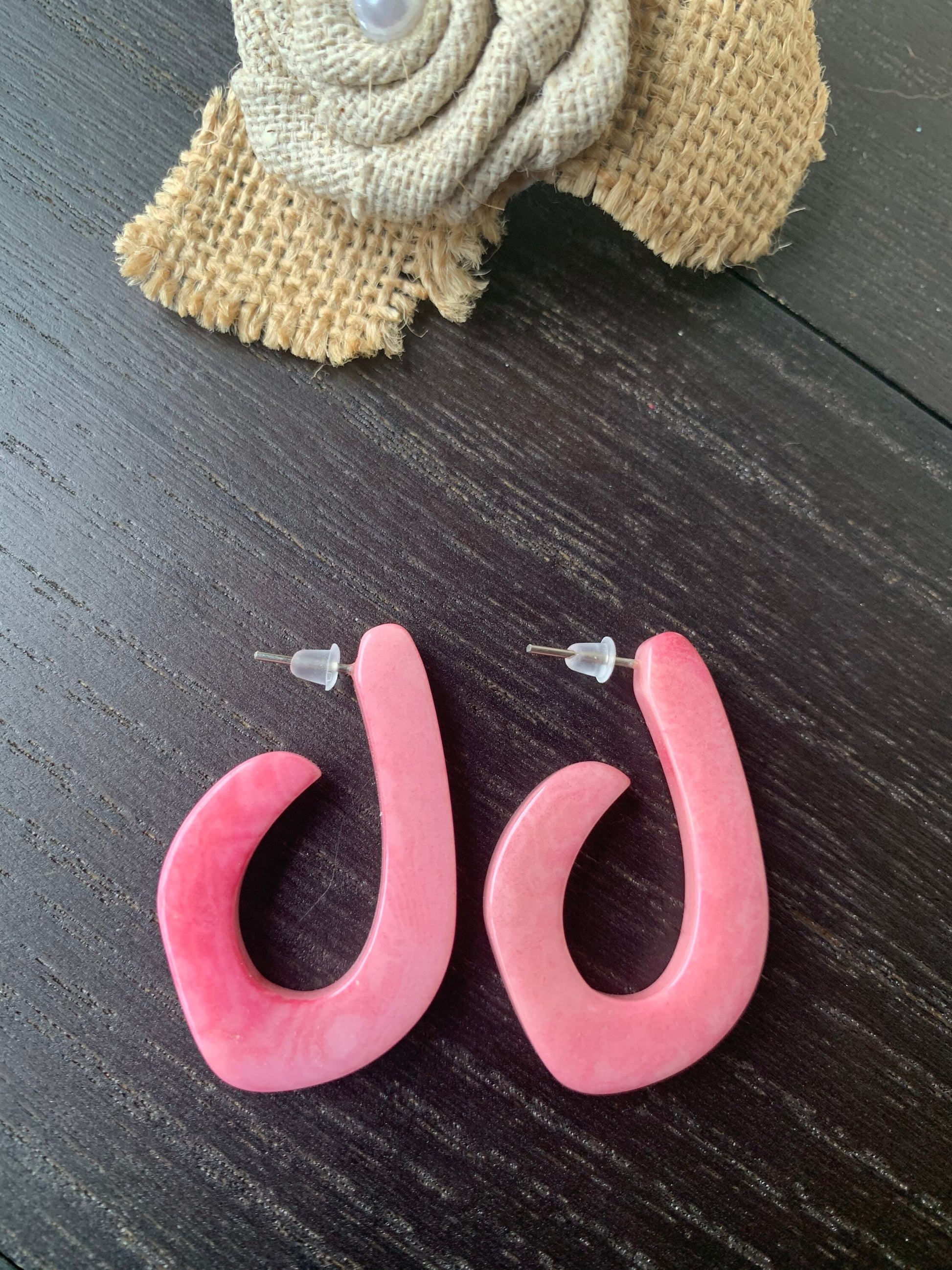 Pink statement earrings Tagua laser cut earrings Lightweight hoop earring Anniversary gift for wife Fall fashion trends Stocking stuffers