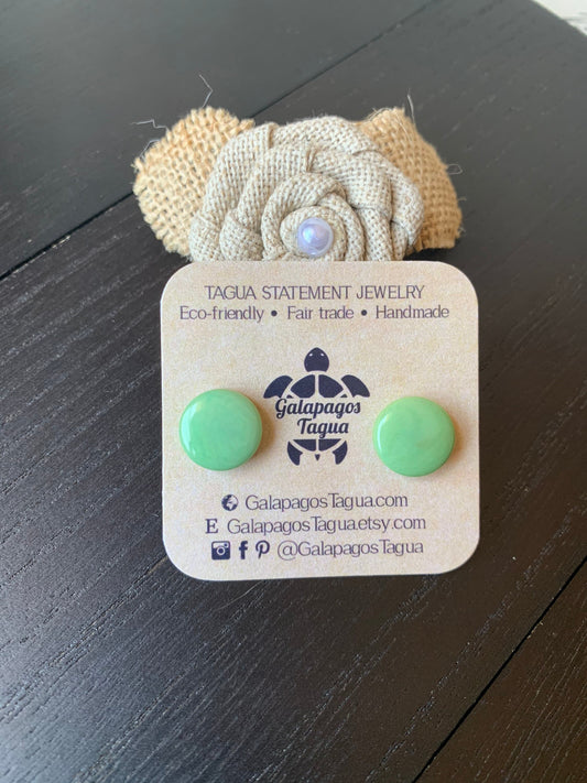 Mint green stud earrings Tagua jewelry Geometric round posts Gifts from Ecuador Resort wear Spring fashion trends Cute lightweight