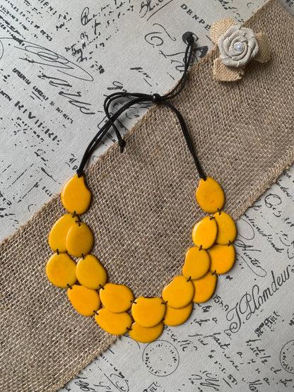 Yellow statement necklace Fall Tagua jewelry Big bold chunky necklace Anniversary gift for wife Double layered collar with leather