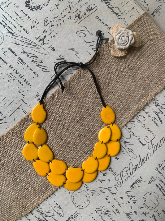 Yellow statement necklace Fall Tagua jewelry Big bold chunky necklace Anniversary gift for wife Double layered collar with leather