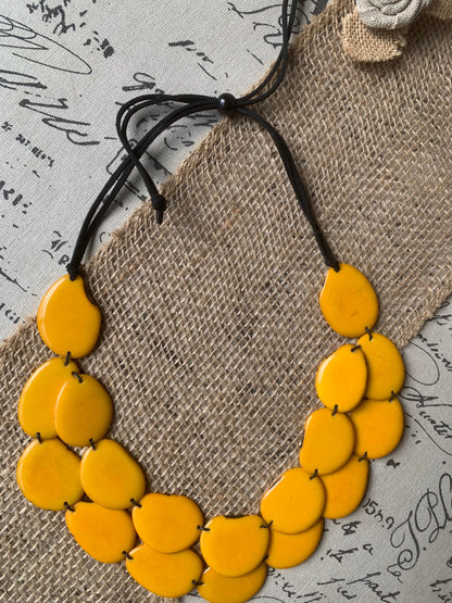 Yellow statement necklace Fall Tagua jewelry Big bold chunky necklace Anniversary gift for wife Double layered collar with leather