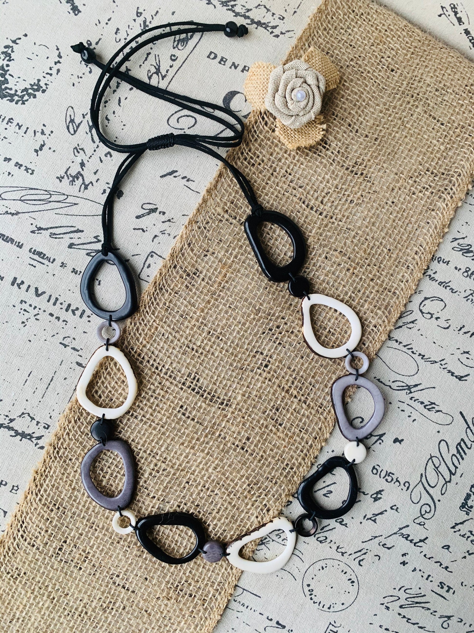 Black white and gray Tagua necklace Anniversary gift for wife Statement geometric jewelry Donut beads Modern adjustable collar Lightweight