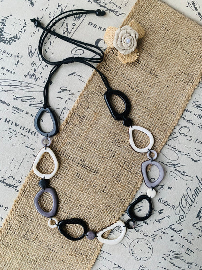 Black white and gray Tagua necklace Anniversary gift for wife Statement geometric jewelry Donut beads Modern adjustable collar Lightweight
