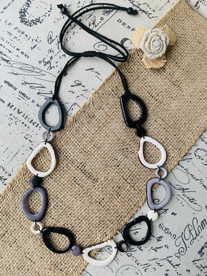 Black white and gray Tagua necklace Anniversary gift for wife Statement geometric jewelry Donut beads Modern adjustable collar Lightweight