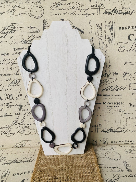 Black white and gray Tagua necklace Anniversary gift for wife Statement geometric jewelry Donut beads Modern adjustable collar Lightweight