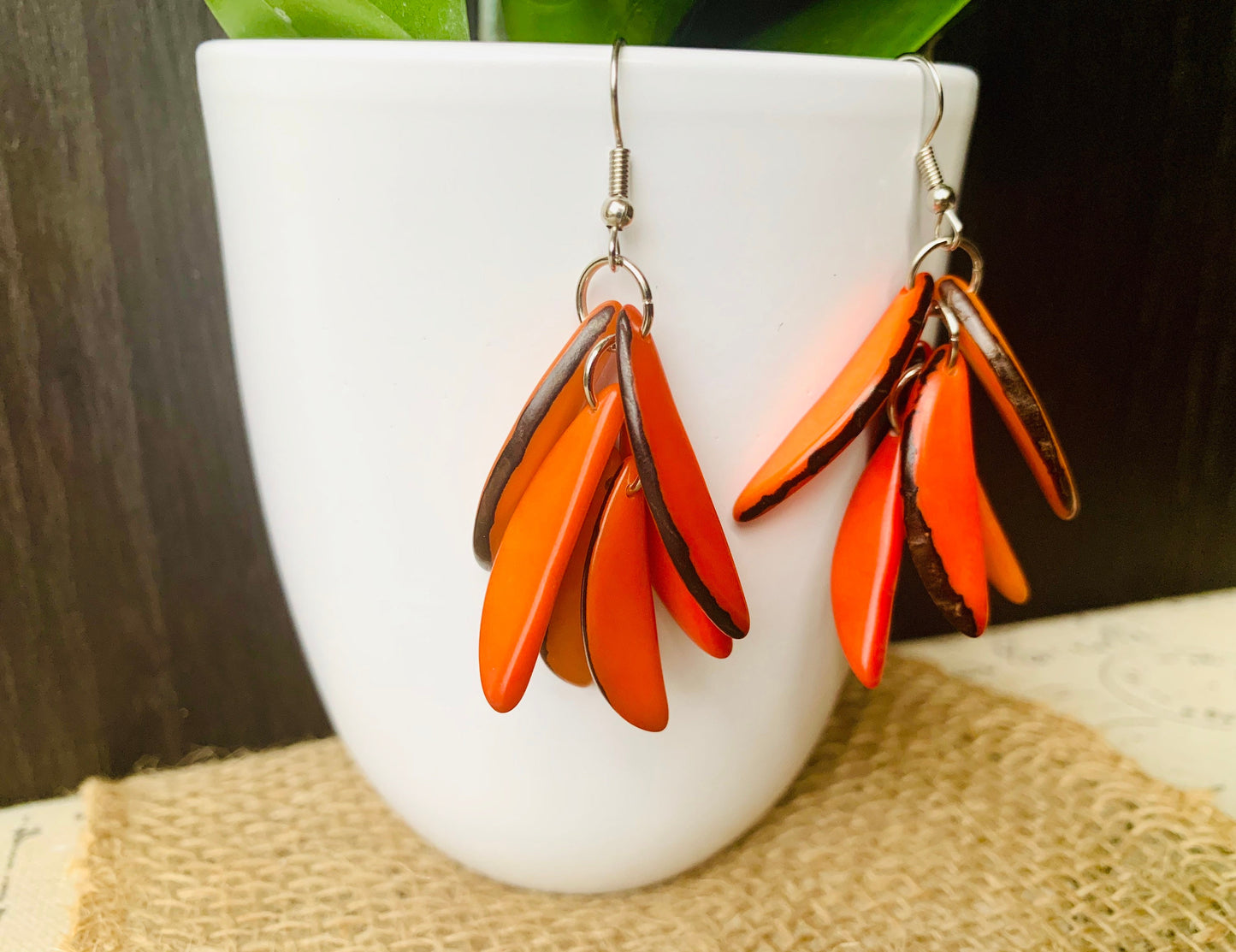 Orange extra chunky earrings Statement fashion tagua earrings Spring trendy jewelry Casual dangle drops Boho mod style Artisan handmade