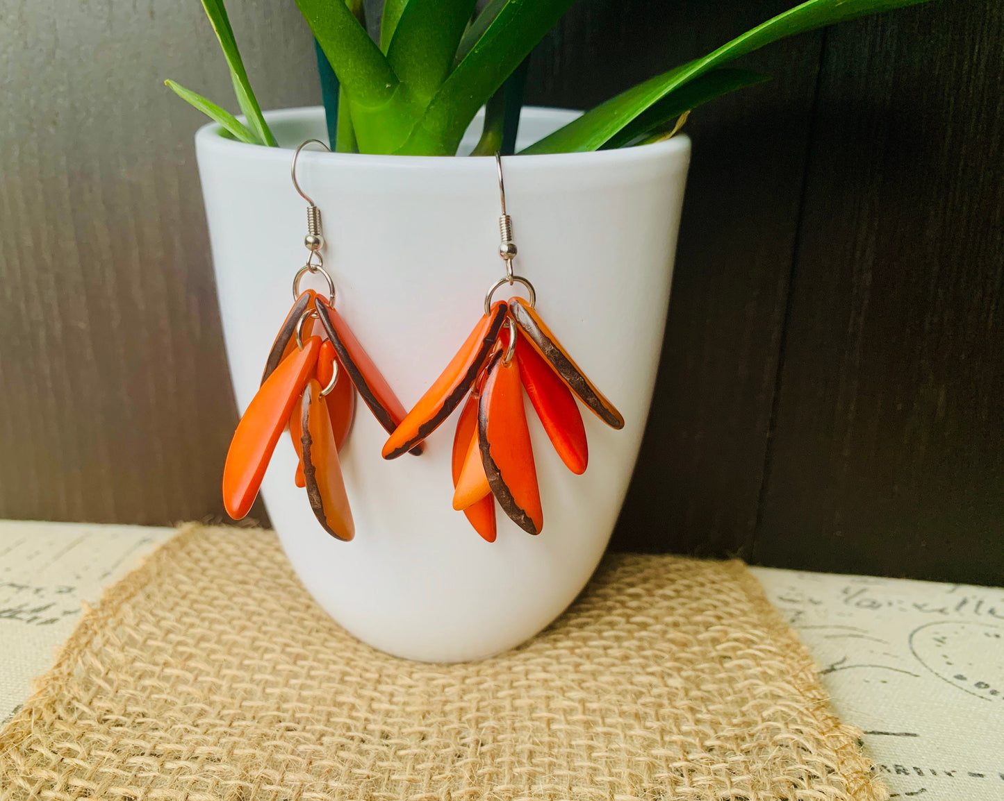 Orange extra chunky earrings Statement fashion tagua earrings Spring trendy jewelry Casual dangle drops Boho mod style Artisan handmade