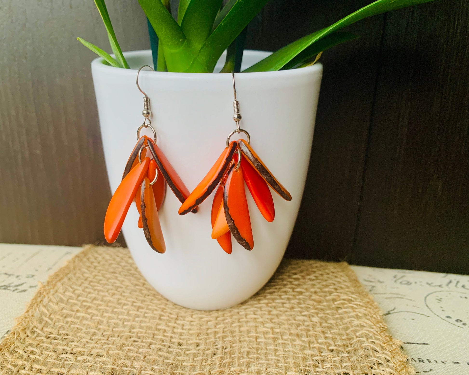 Orange extra chunky earrings Statement fashion tagua earrings Spring trendy jewelry Casual dangle drops Boho mod style Artisan handmade