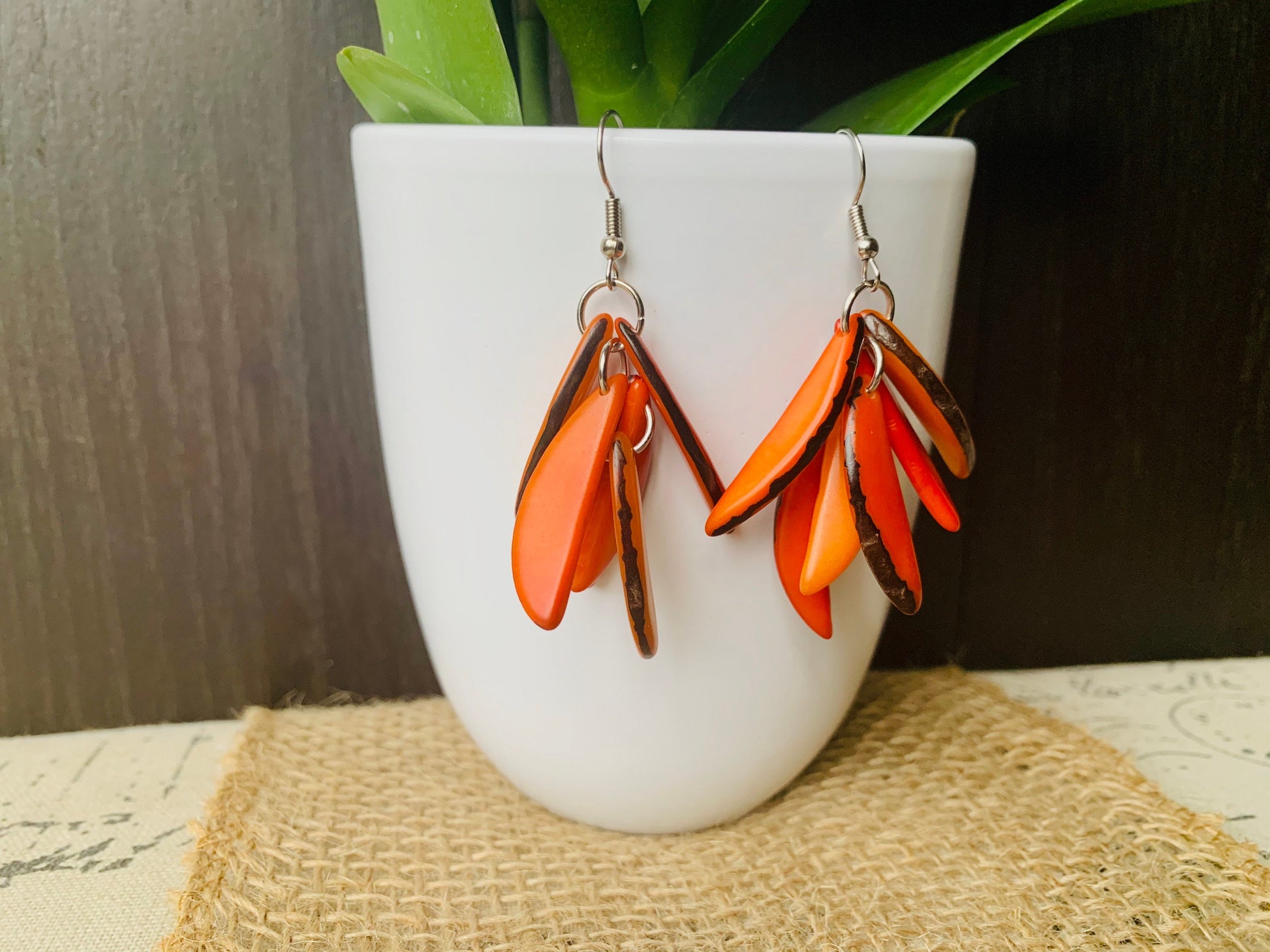 Orange extra chunky earrings Statement fashion tagua earrings Spring trendy jewelry Casual dangle drops Boho mod style Artisan handmade