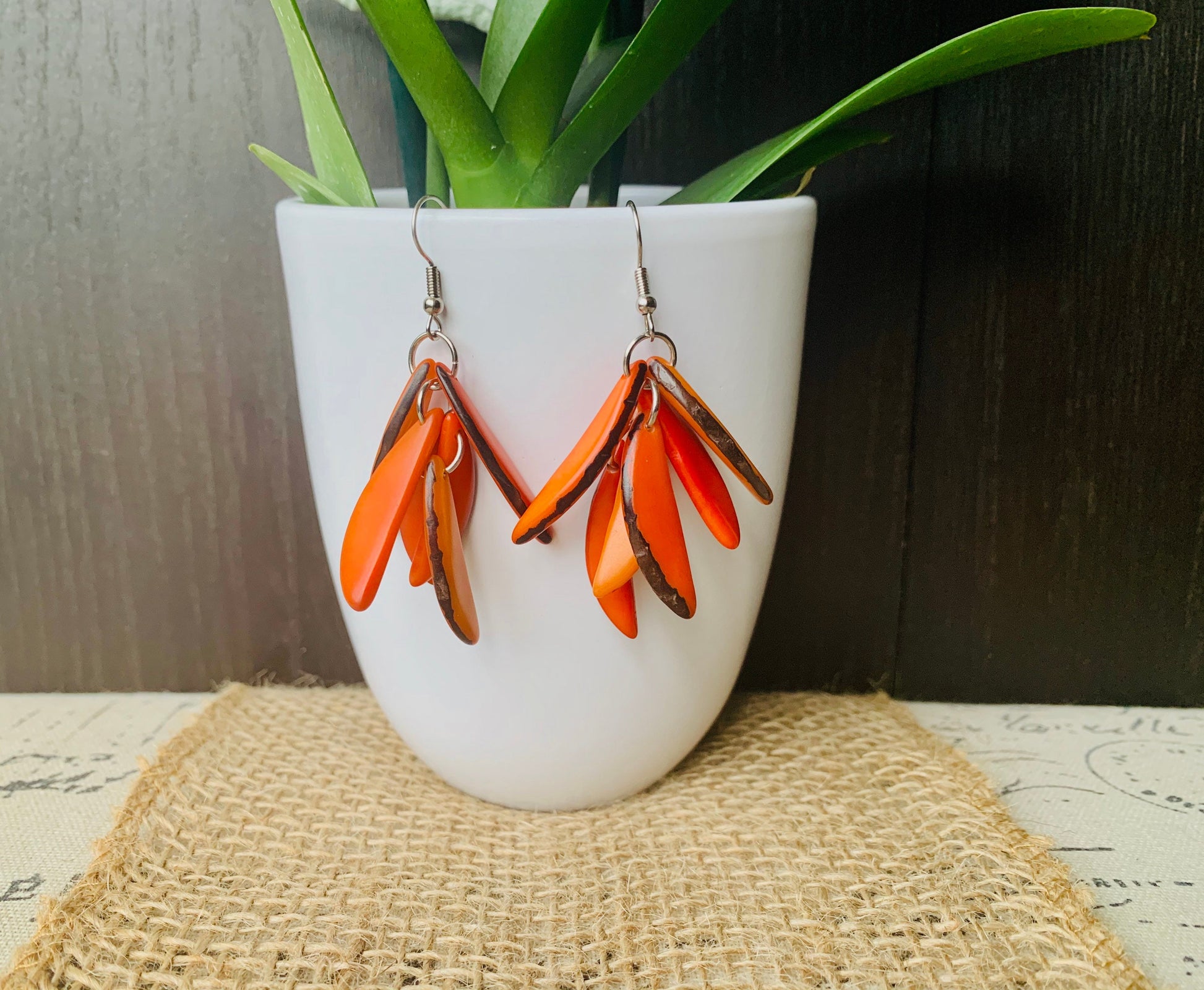 Orange extra chunky earrings Statement fashion tagua earrings Spring trendy jewelry Casual dangle drops Boho mod style Artisan handmade