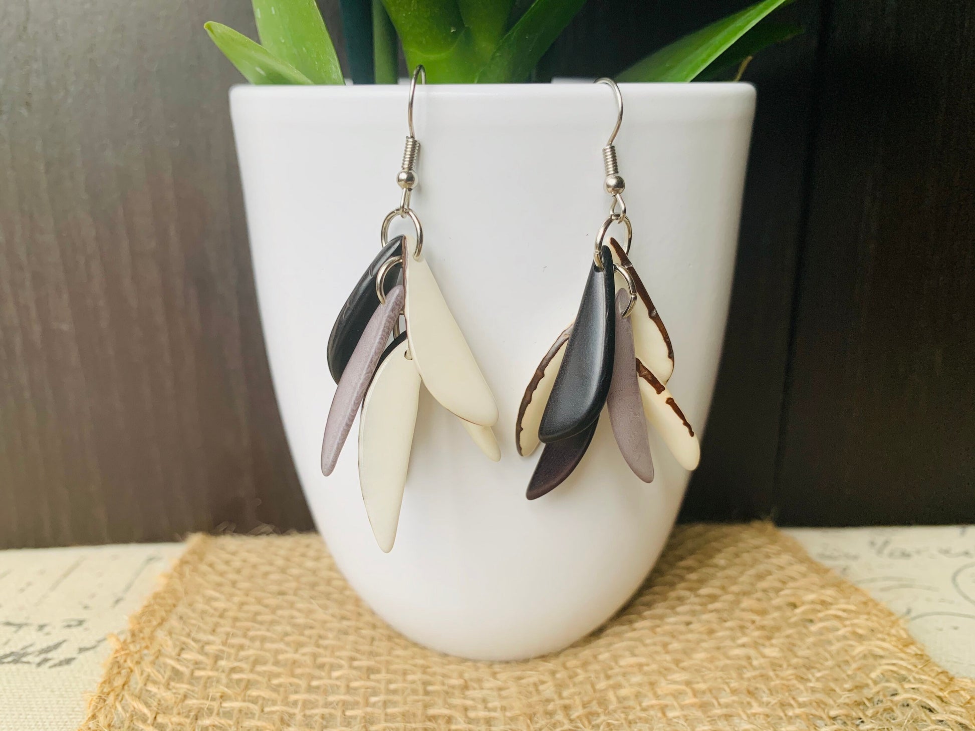 Black white and gray fashion earrings Extra chunky tagua earrings beaded Fall trendy jewelry Casual drops Boho mod style Anniversary gifts