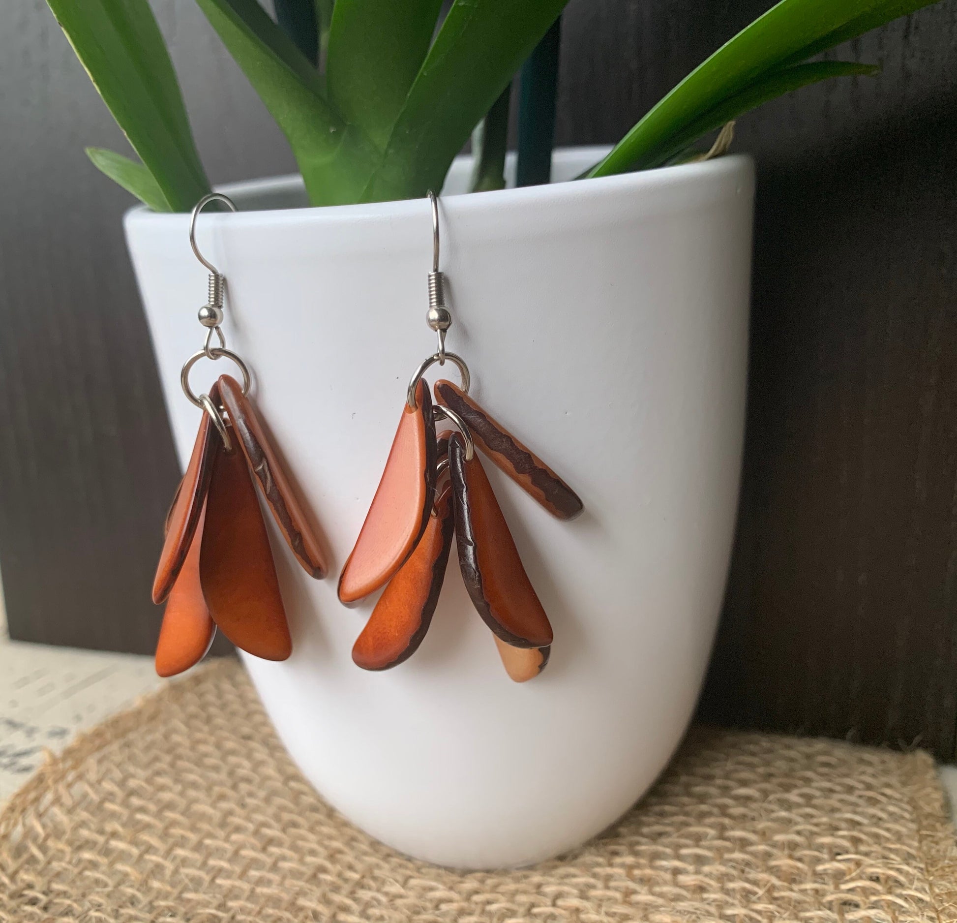 Brown statement dangle earrings Extra chunky tagua earrings Fall fashion jewelry Casual trendy drops Boho mod style Beach stylish trends