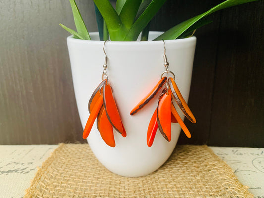 Orange extra chunky earrings Statement fashion tagua earrings Spring trendy jewelry Casual dangle drops Boho mod style Artisan handmade
