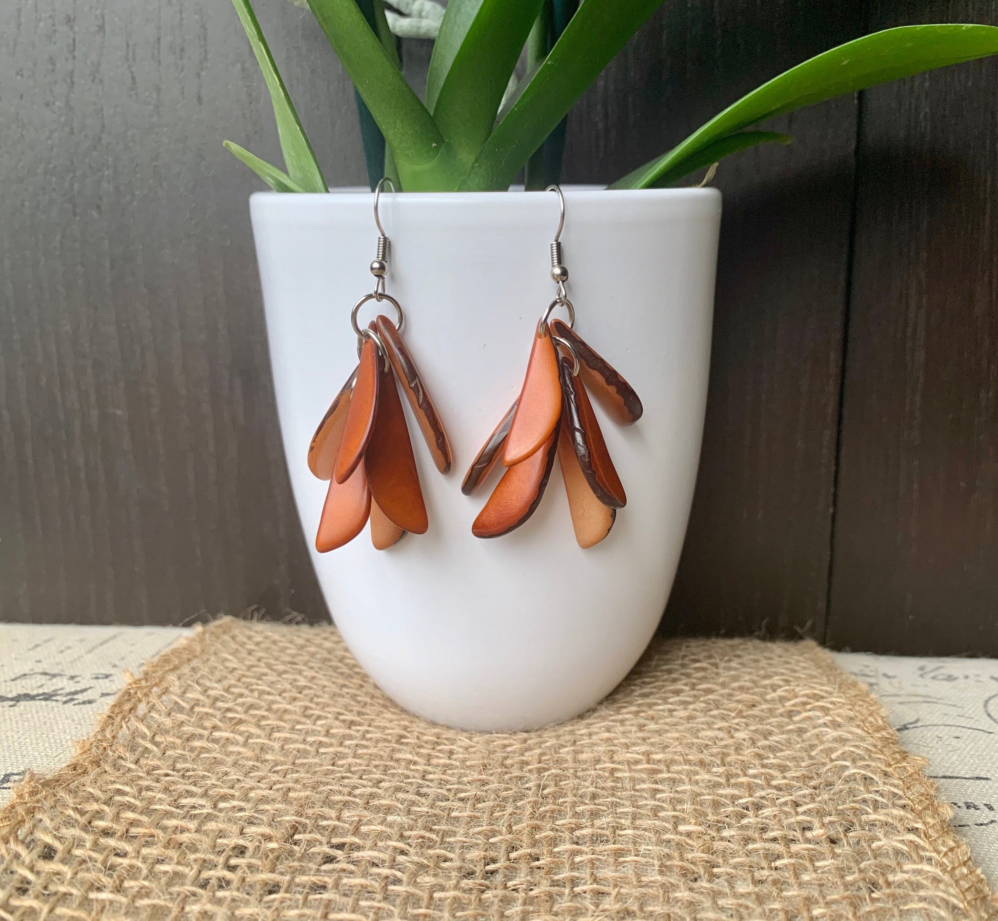 Brown statement dangle earrings Extra chunky tagua earrings Fall fashion jewelry Casual trendy drops Boho mod style Beach stylish trends
