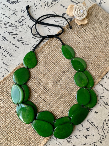 Green statement necklace Tagua nut jewelry Beach fashion Big bold chunky necklace Anniversary gifts for wife Multi layer leather collar