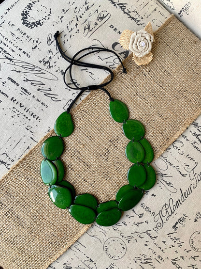 Green statement necklace Tagua nut jewelry Beach fashion Big bold chunky necklace Anniversary gifts for wife Multi layer leather collar