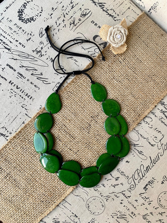 Green statement necklace Tagua nut jewelry Beach fashion Big bold chunky necklace Anniversary gifts for wife Multi layer leather collar