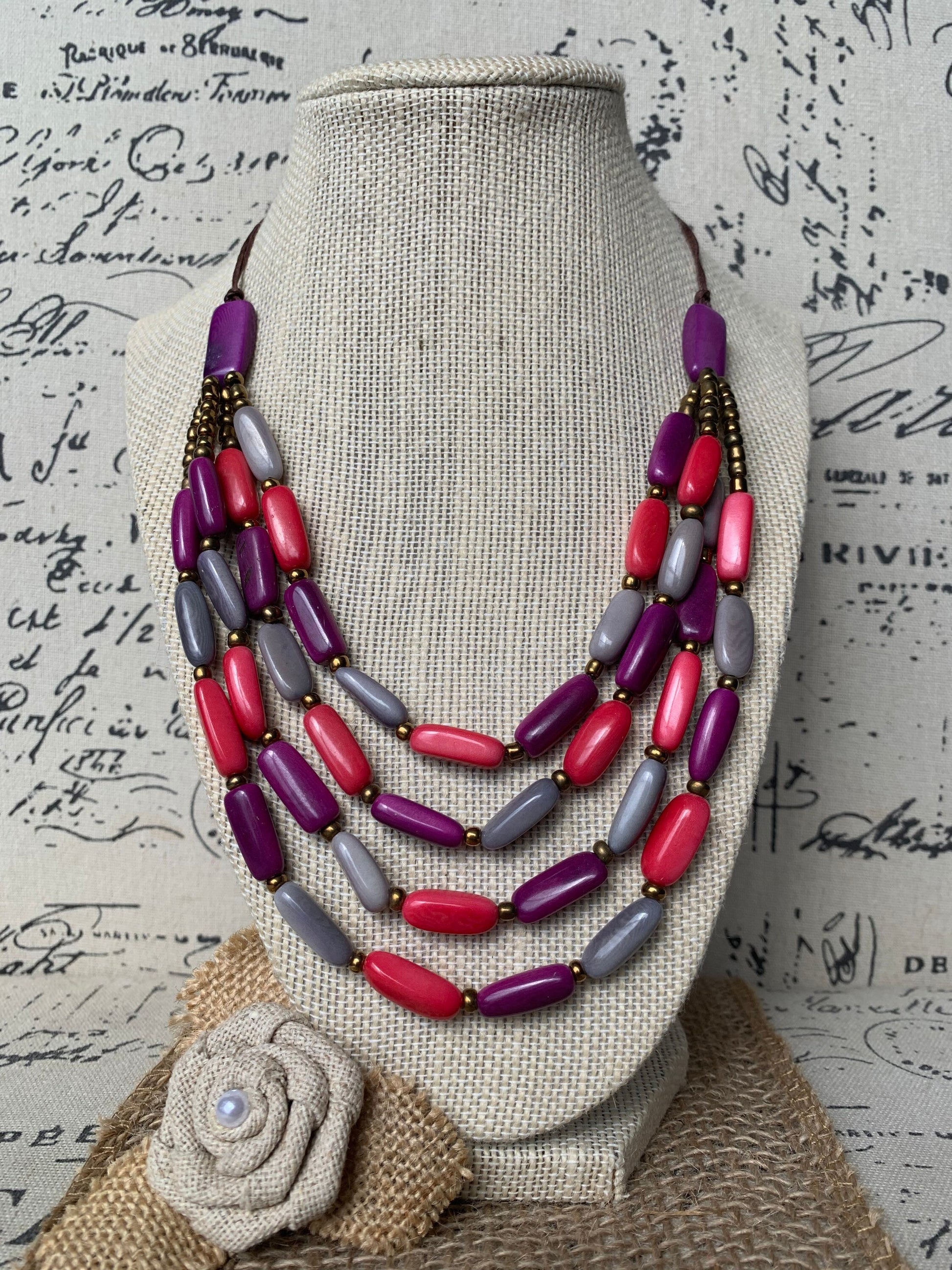 Pink purple and gray Tagua nut necklace 4 Strand necklace Statement beaded collar Anniversary gift for wife Fall fashion Beach style