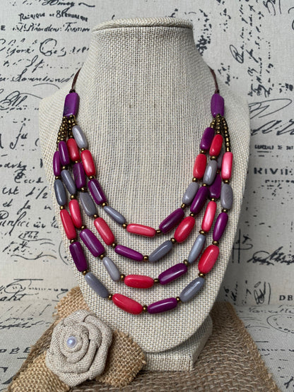 Pink purple and gray Tagua nut necklace 4 Strand necklace Statement beaded collar Anniversary gift for wife Fall fashion Beach style