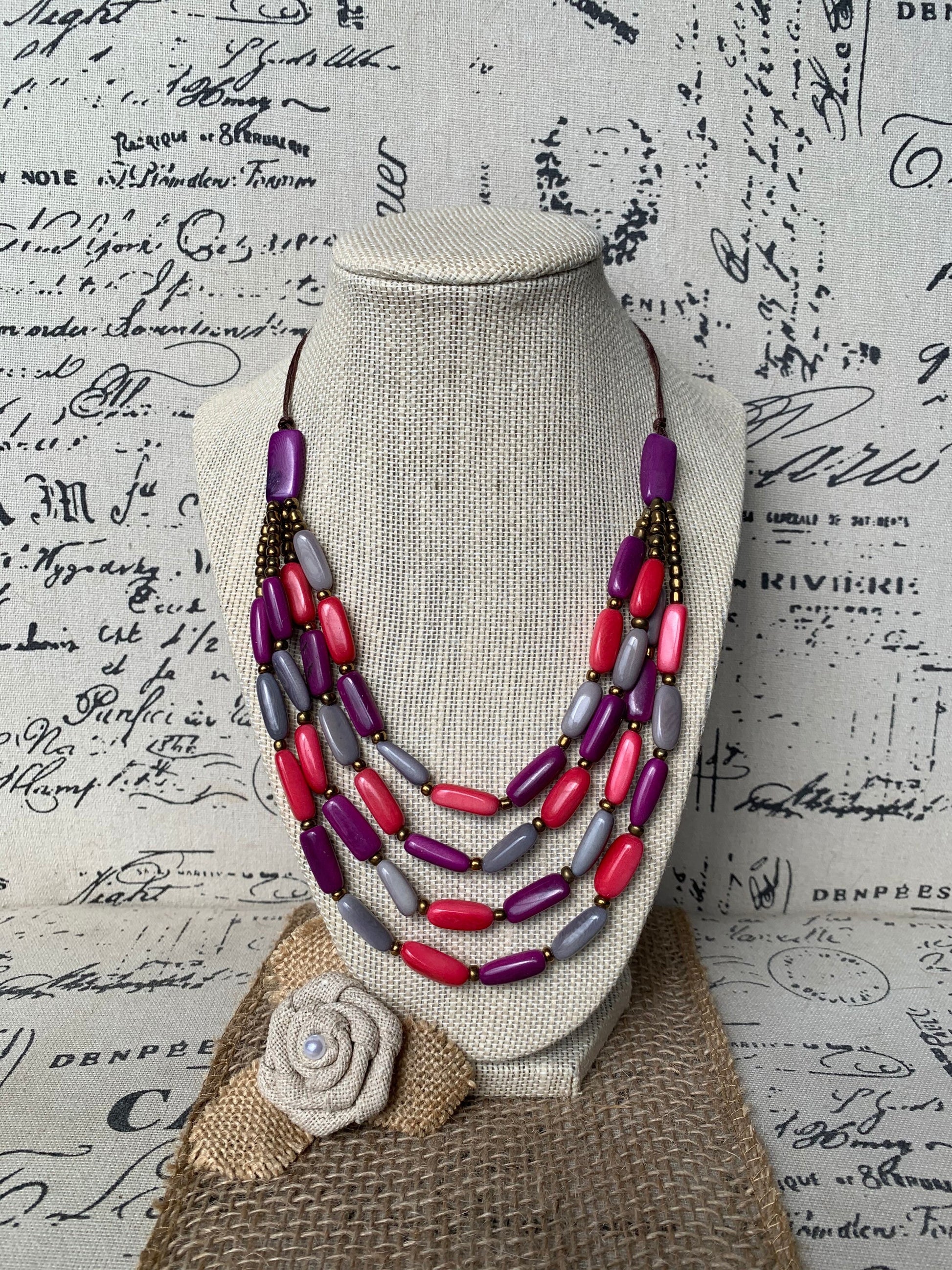 Pink purple and gray Tagua nut necklace 4 Strand necklace Statement beaded collar Anniversary gift for wife Fall fashion Beach style