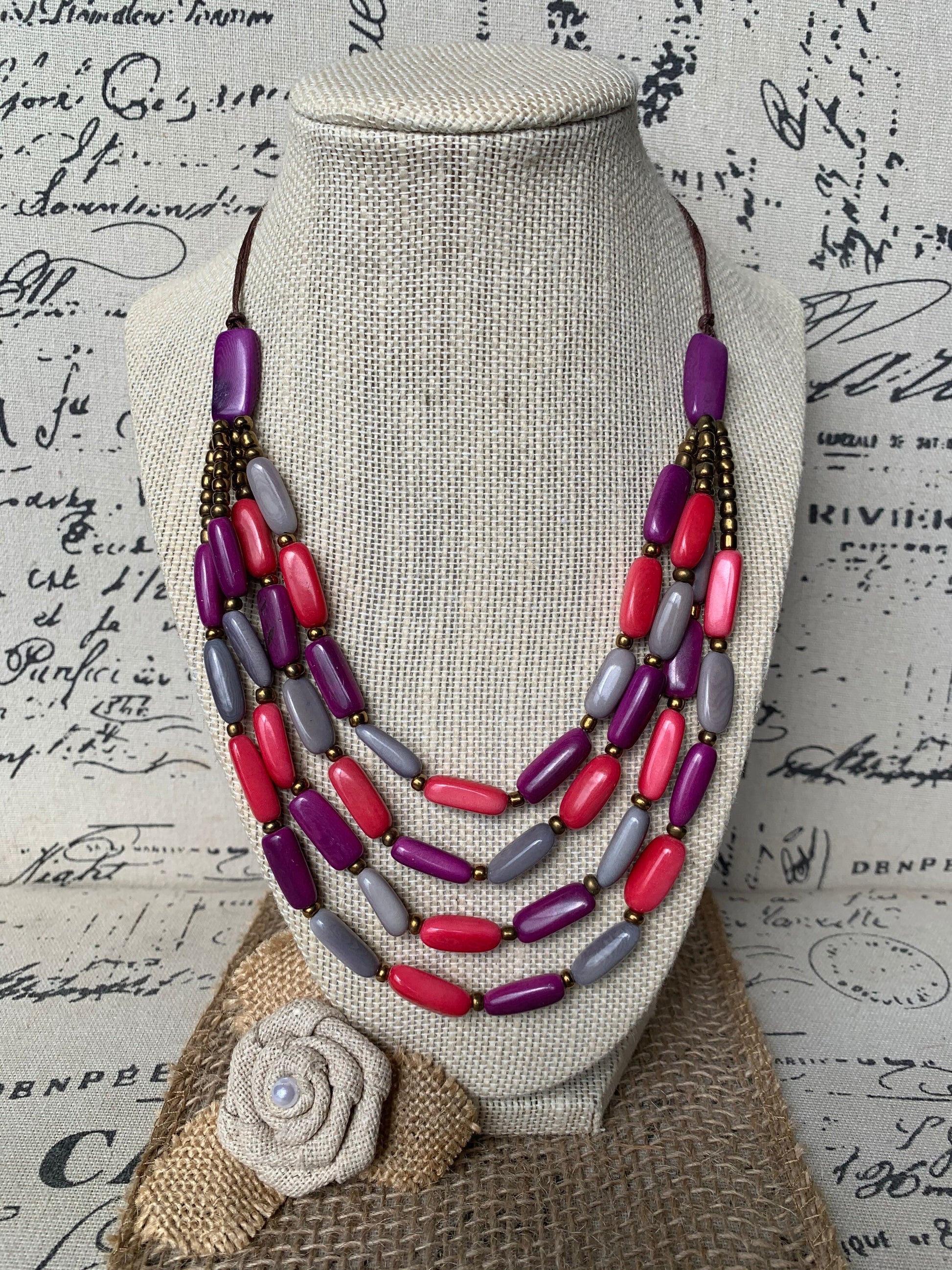 Pink purple and gray Tagua nut necklace 4 Strand necklace Statement beaded collar Anniversary gift for wife Fall fashion Beach style
