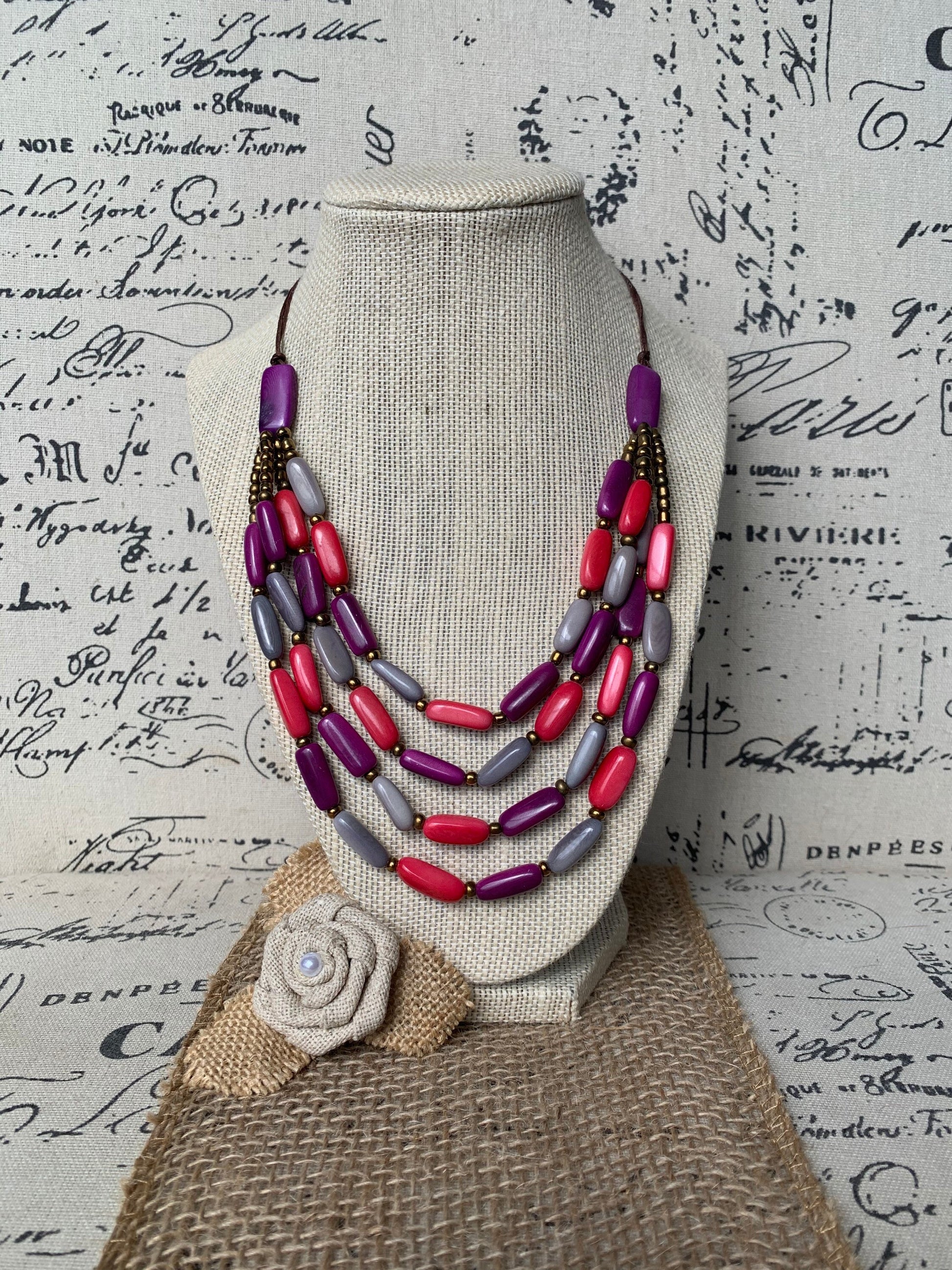 Pink purple and gray Tagua nut necklace 4 Strand necklace Statement beaded collar Anniversary gift for wife Fall fashion Beach style