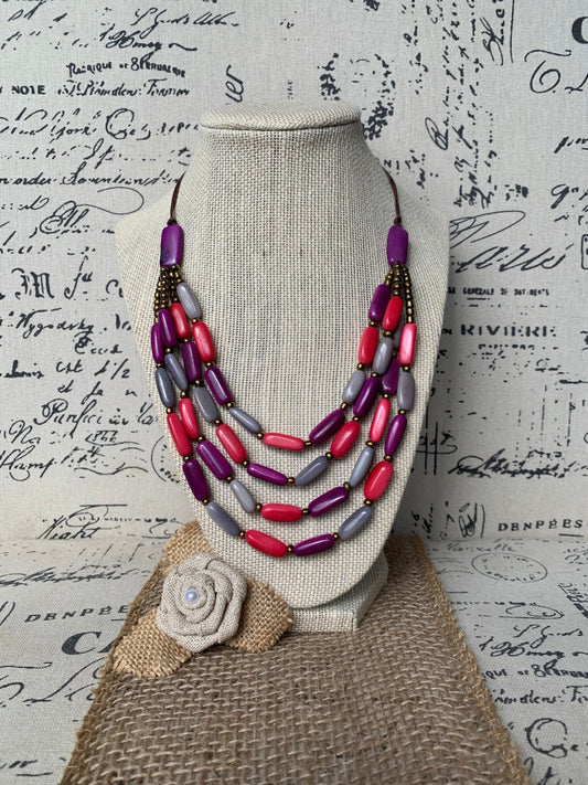 Pink purple and gray Tagua nut necklace 4 Strand necklace Statement beaded collar Anniversary gift for wife Fall fashion Beach style