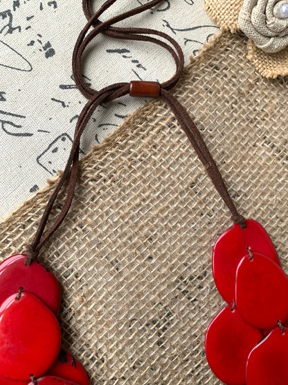 Red triple layer statement necklace Tagua nut jewelry Big bold chunky necklace Triple 3 strands bib collar Anniversary gift ideas for wife
