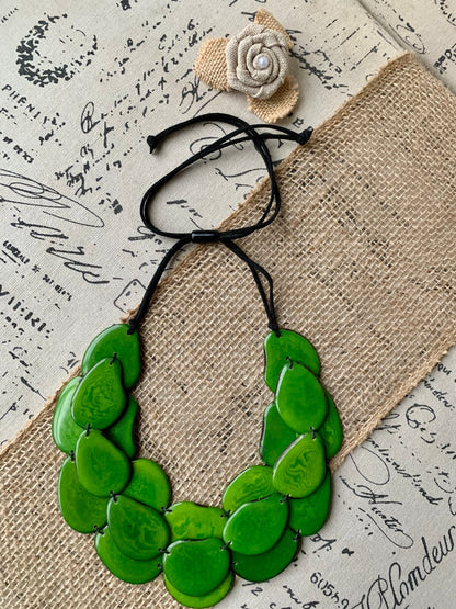 Green multi layer beaded necklace Tagua jewelry Big bold chunky necklace Triple 3 strands bib collar Fall fashion style Christmas gifts