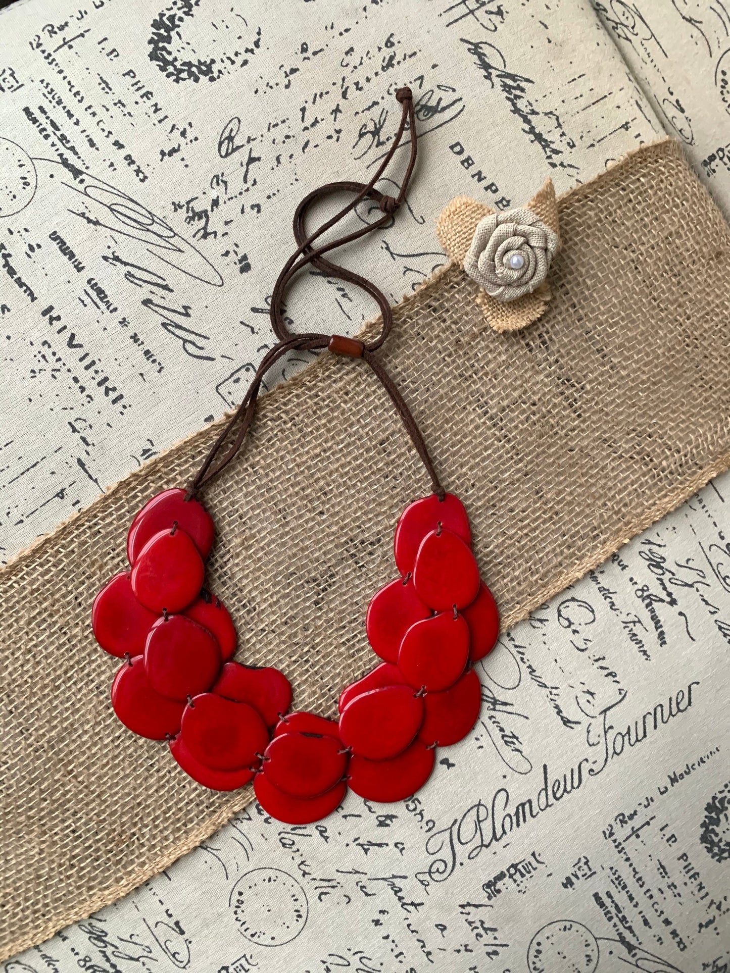 Red triple layer statement necklace Tagua nut jewelry Big bold chunky necklace Triple 3 strands bib collar Anniversary gift ideas for wife