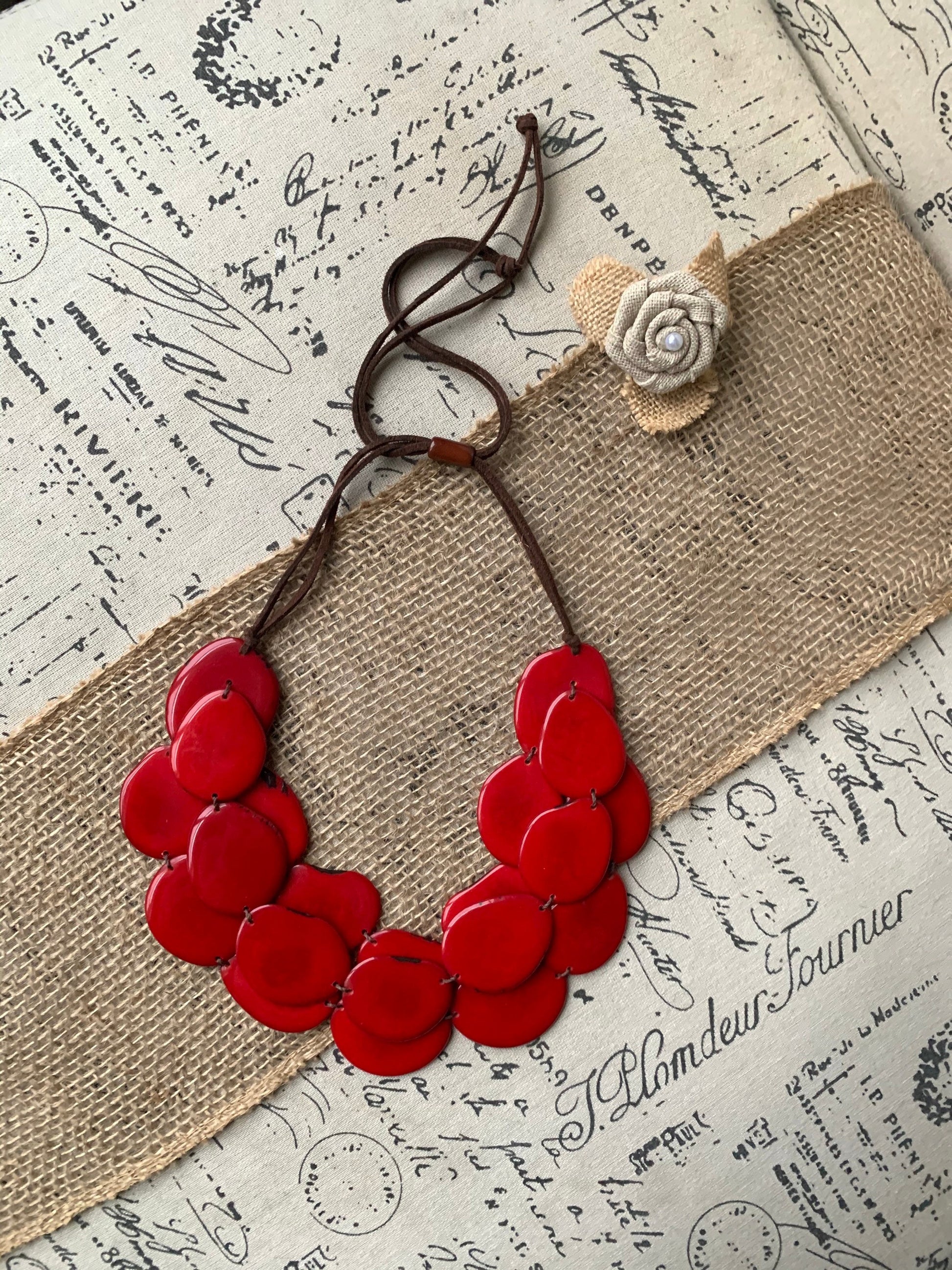 Red triple layer statement necklace Tagua nut jewelry Big bold chunky necklace Triple 3 strands bib collar Anniversary gift ideas for wife