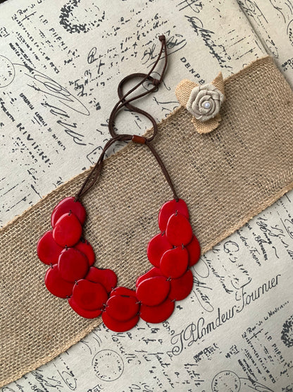 Red triple layer statement necklace Tagua nut jewelry Big bold chunky necklace Triple 3 strands bib collar Anniversary gift ideas for wife