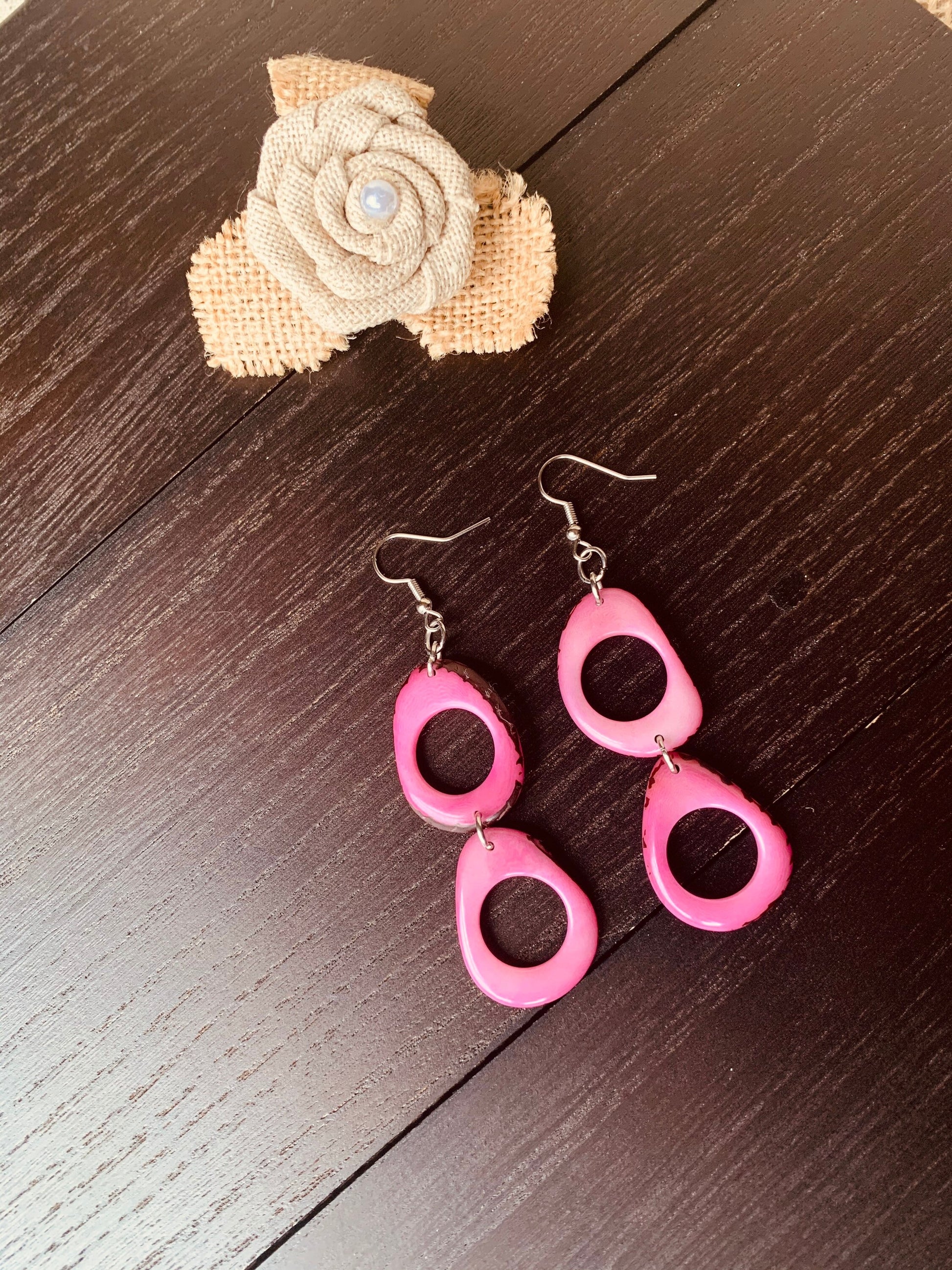 Pink extra long dangle fashion earrings Tagua jewelry Statement drops Boho mod hoops Fall fashion trends Beach style Christmas stockings