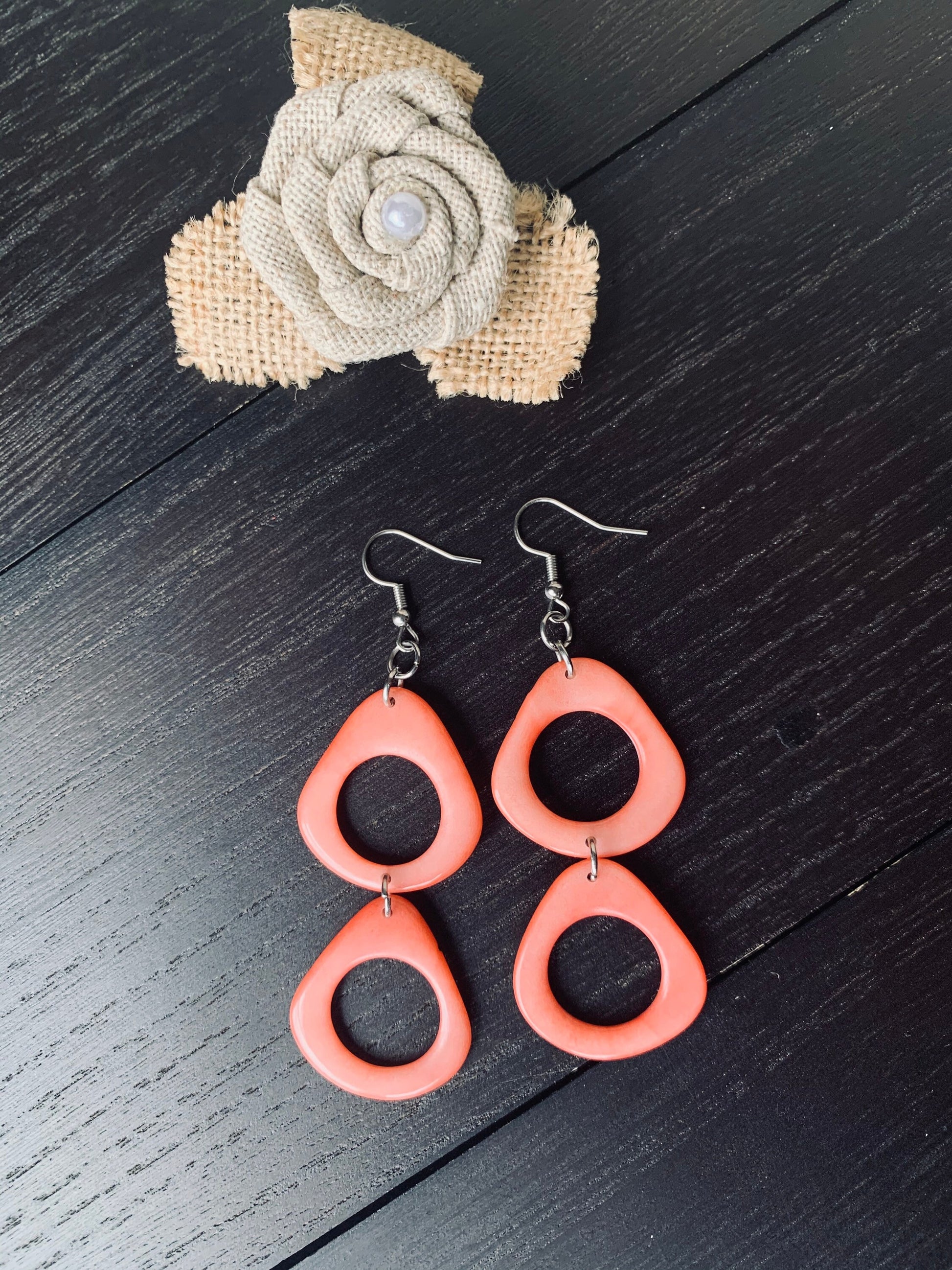Peach extra long dangle fashion earrings Tagua nut jewelry Statement drops Boho mod hoops Anniversary gifts for wife Summer fashion trends