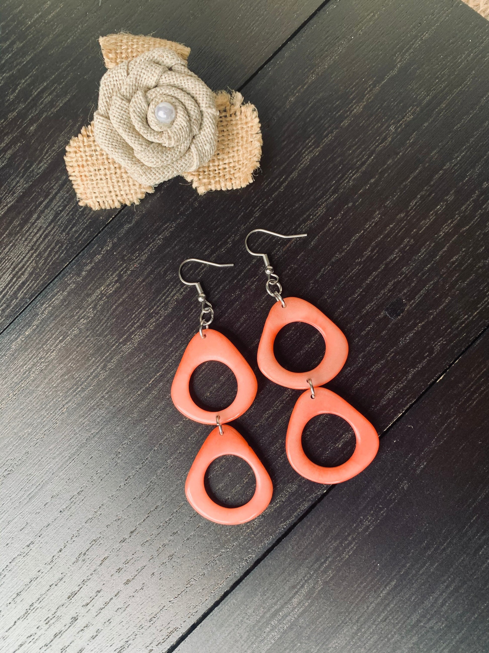 Peach extra long dangle fashion earrings Tagua nut jewelry Statement drops Boho mod hoops Anniversary gifts for wife Summer fashion trends