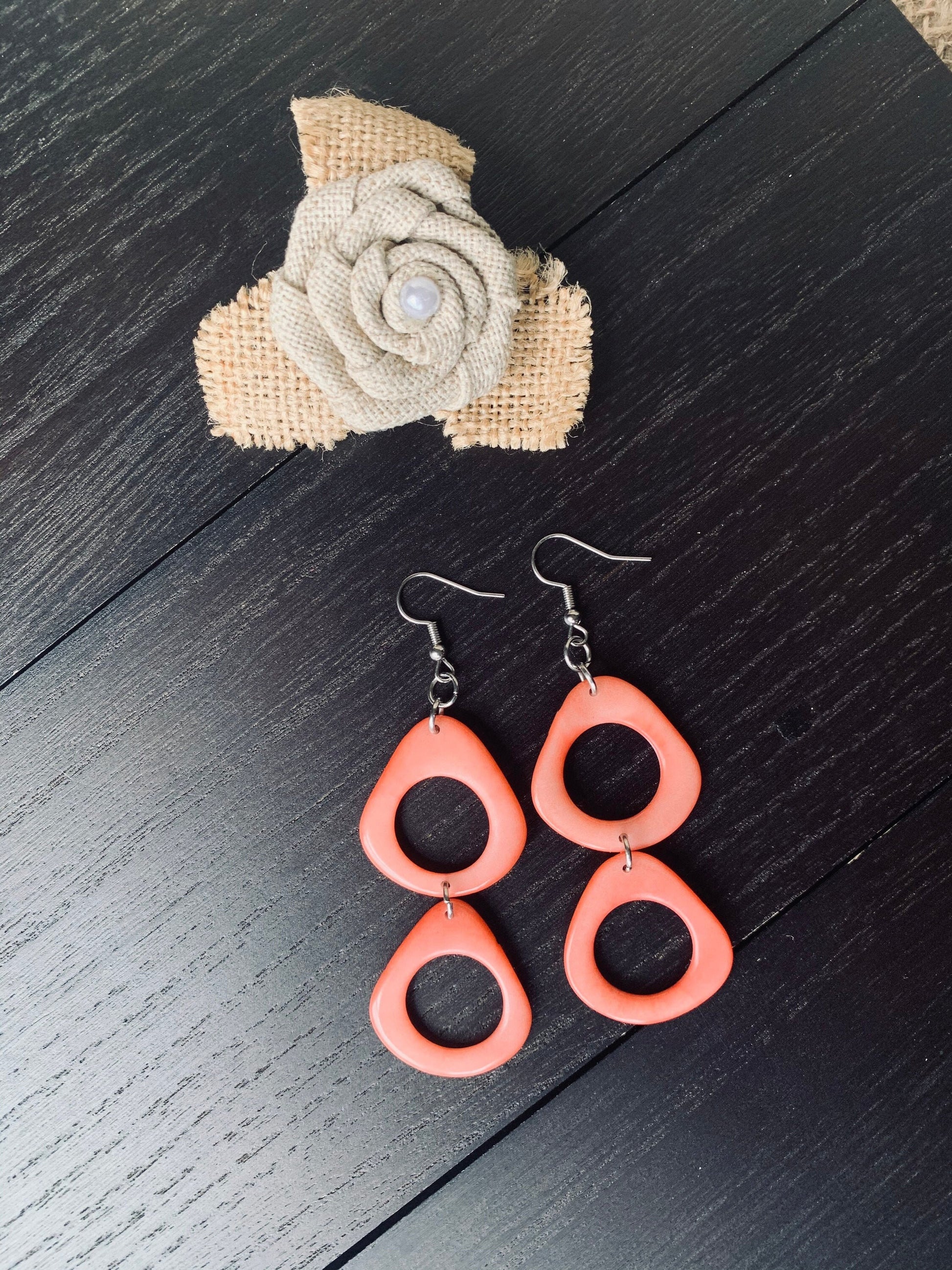 Peach extra long dangle fashion earrings Tagua nut jewelry Statement drops Boho mod hoops Anniversary gifts for wife Summer fashion trends